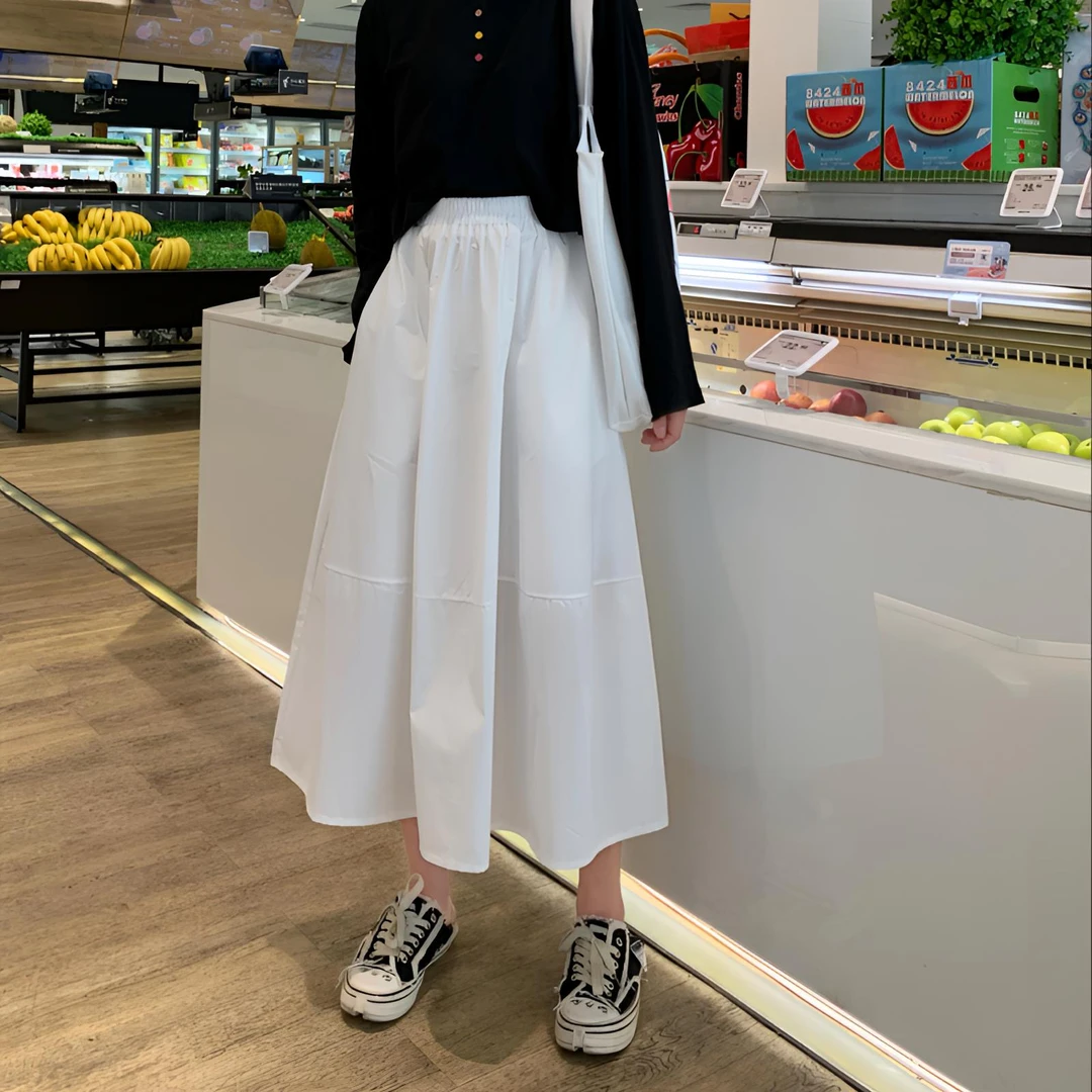 白色半身裙女夏季显瘦高腰韩版chic中长款a字伞裙纯色长裙子少女