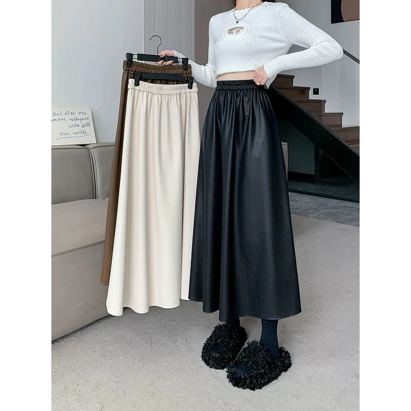 时尚百搭松紧腰宽松显瘦柔软蛋白PU中长款半身皮裙洋气大摆a字裙