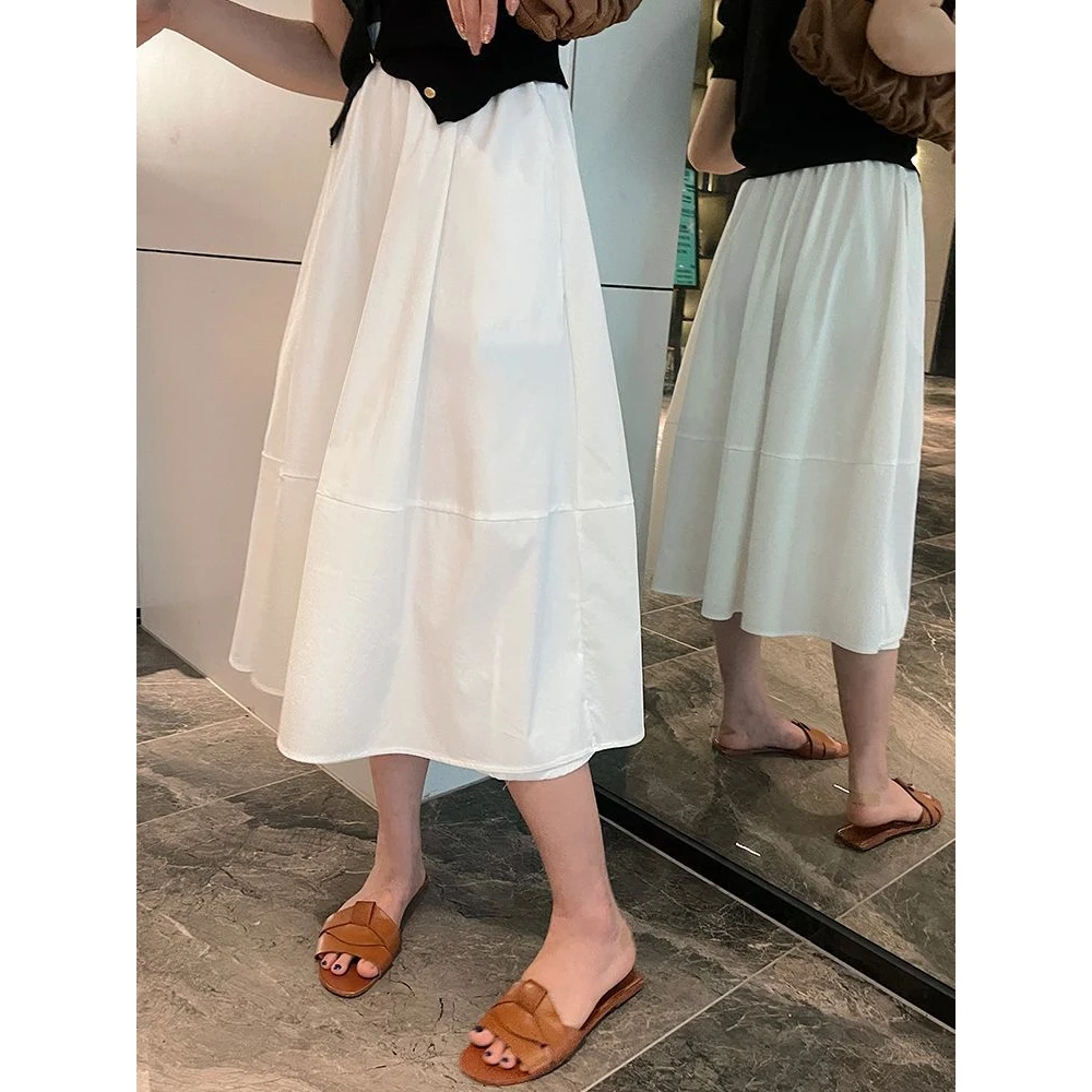 休闲a字白色半身裙女高腰2025夏季赫本风小个子a字长裙伞裙女法式