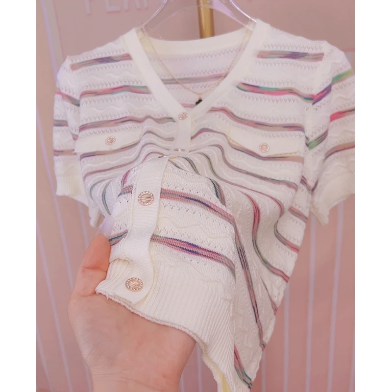 【工厂直发】小香风 冰丝针织衫V领显瘦气质法式夏季镂空薄款百搭女