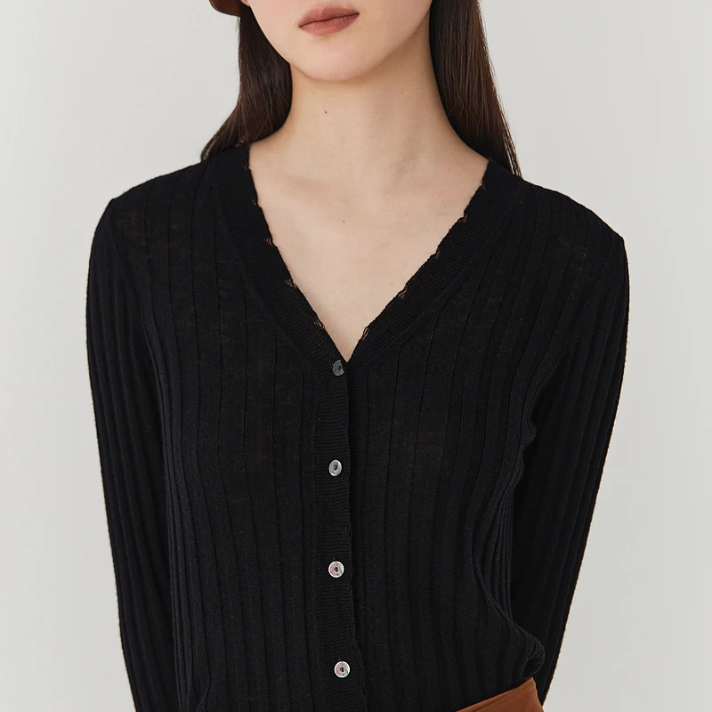 AUM噢姆/毛针织衫百搭v领春秋时尚打底黑色修身短款M1CX4SA6M