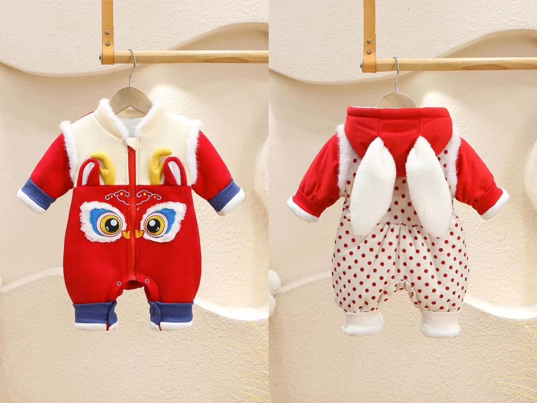 【喜庆年服】龙年年服点点兔子棉服宝宝新生儿连体冬季加厚加绒爬