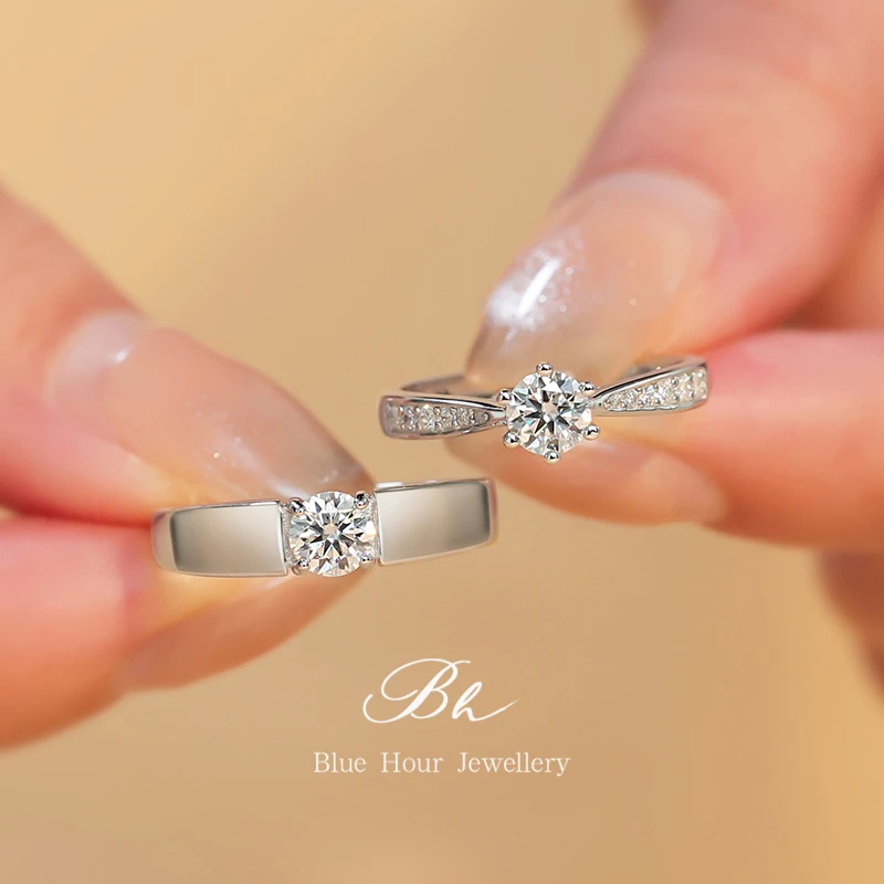 秘蓝 925银莫桑石戒指 一往情深对戒/情侣结婚订求婚戒指简约经典