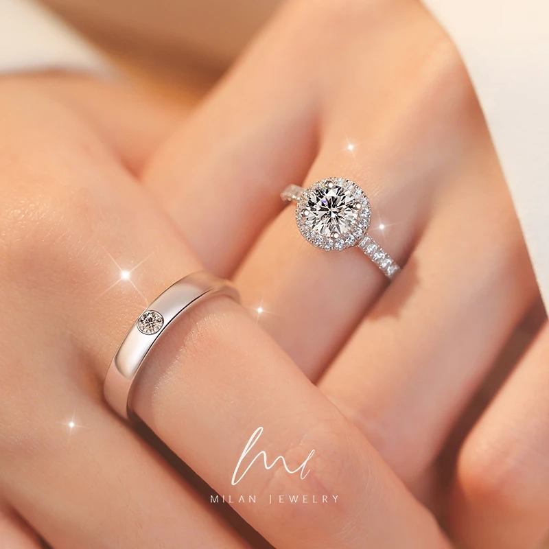 秘蓝 925银莫桑石戒指 璀璨星云对戒/情侣气质结婚七夕送女友婚戒