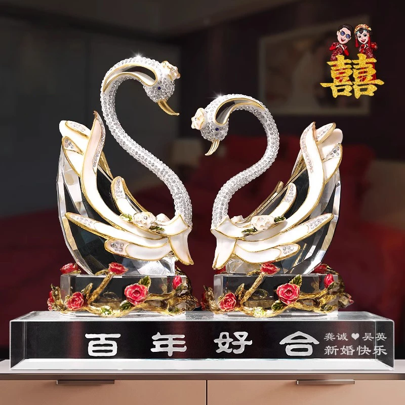 水晶天鹅摆件客厅卧室装饰品新婚珐琅彩礼物送新人闺蜜高档大气