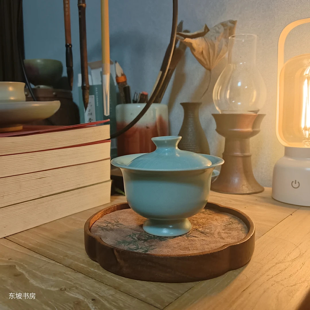 东坡高足元宝盖碗（海英老师合作）原矿纯手工天青色支钉烧