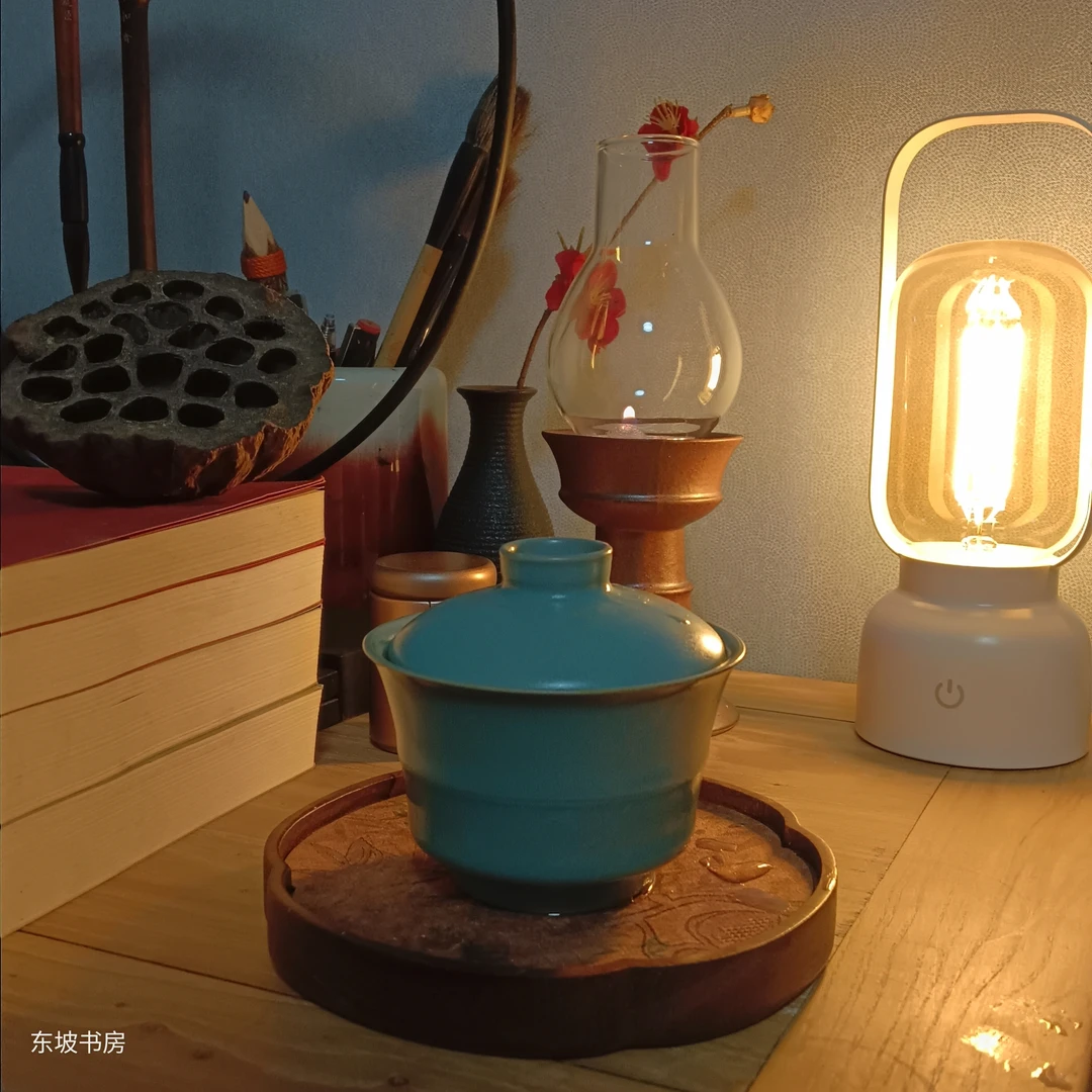 东坡竹节盖碗（省大师刘宜颖）手作天青色支钉
