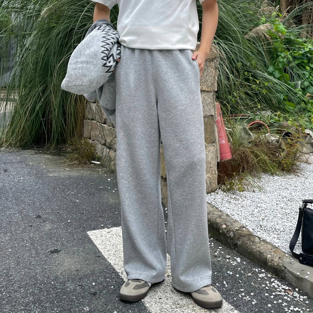 韩国男装 600g加绒加厚宽松阔版抽绳卫裤 简约松紧腰休闲裤运动裤