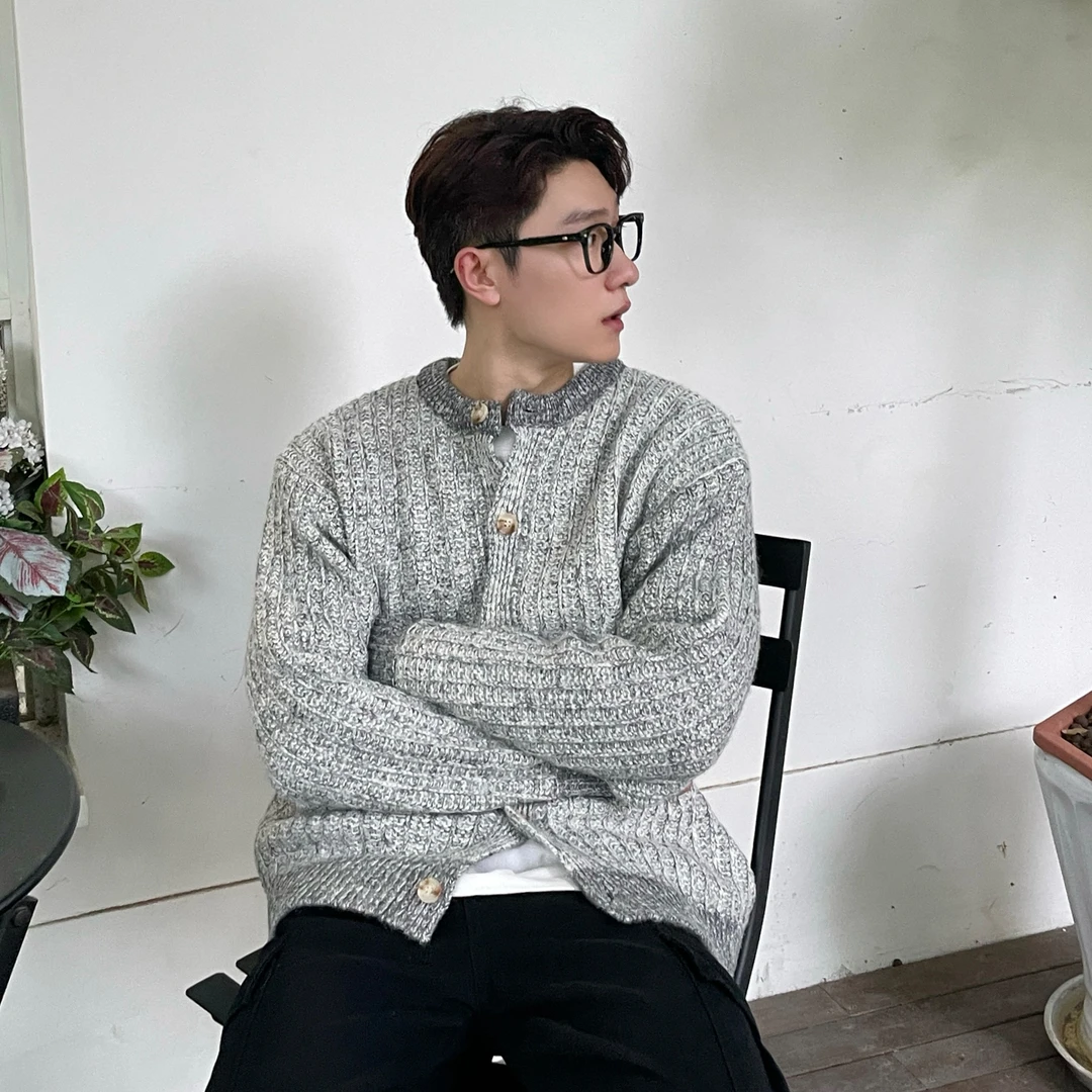 韩国男装 小香风圆领毛衣开衫外套 花色厚款彩纱编织宽松毛衣