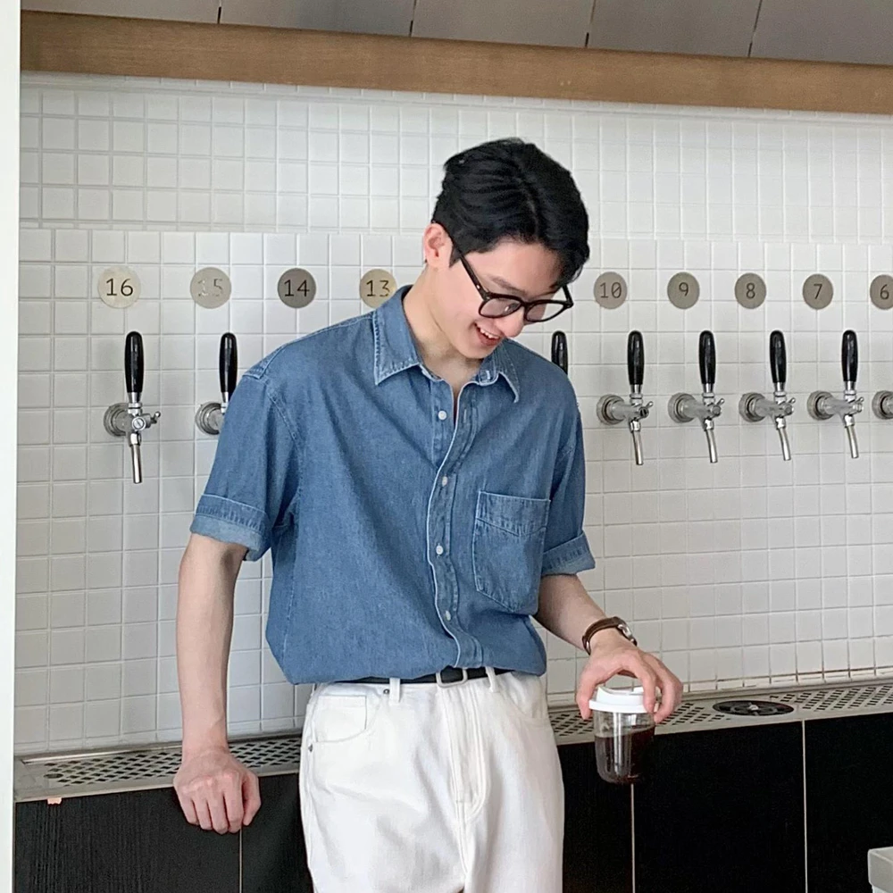韩国男装 水洗复古夏季短袖牛仔衬衫 全棉宽松半袖男休闲衬衣