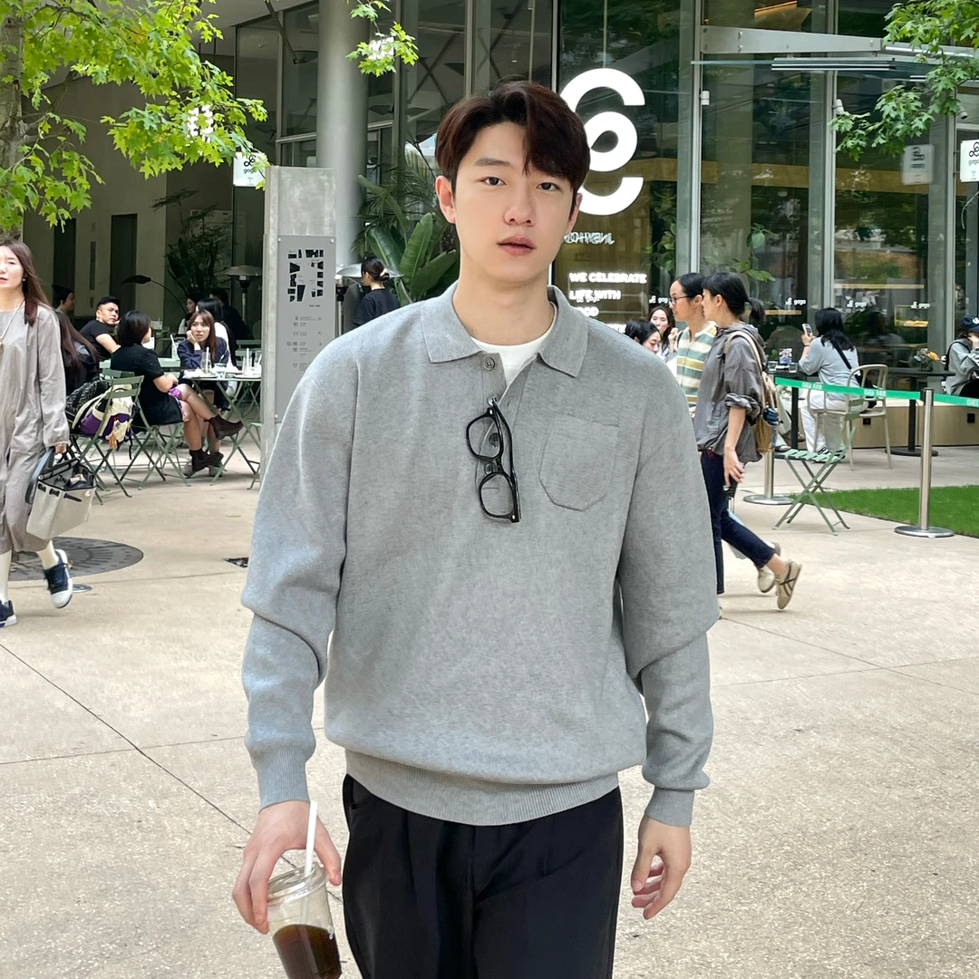 韩国男装 秋冬POLO领毛衣 老钱风小口袋细针宽松男士针织衫毛衣