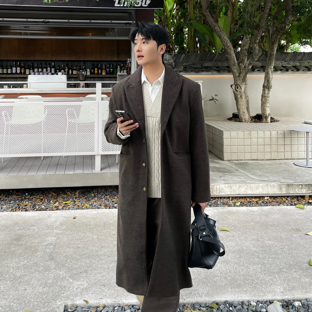 清仓 加厚华达呢精纺暗纹肌理呢大衣 排扣中长款宽松气质外套