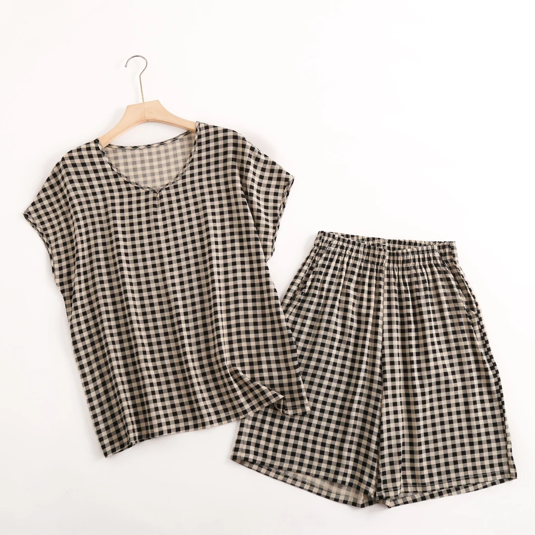 “棉绸”休闲女士夏季薄款格纹舒适宽松套装9015