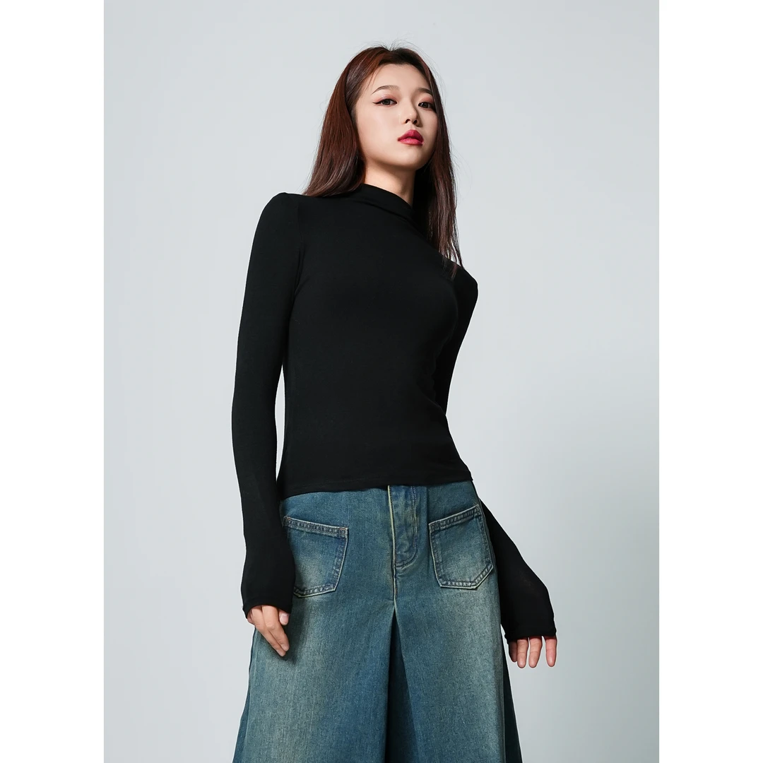 S002-四季百搭黑色打底衫半高领纯色紧身休闲时尚套头长袖