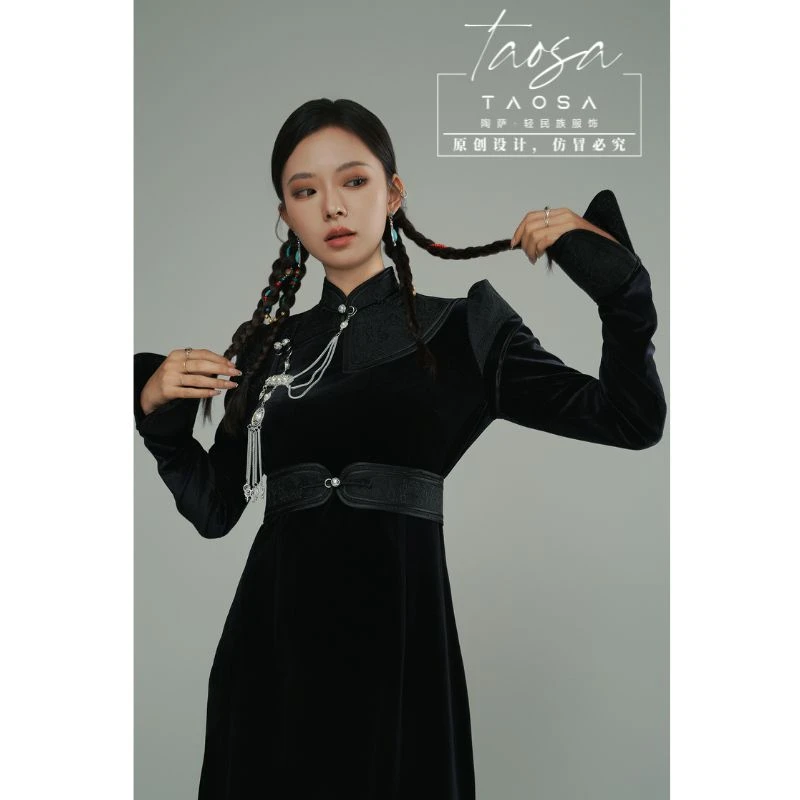 【陶萨】Q047-丝绒锦缎拼接连衣裙 陶萨原创轻民族服饰