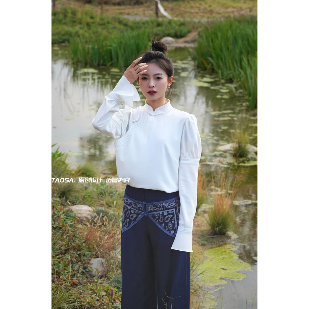 【陶萨】S001-马蹄荷叶边泡泡袖衬衫 陶萨原创轻民族服饰 蒙古