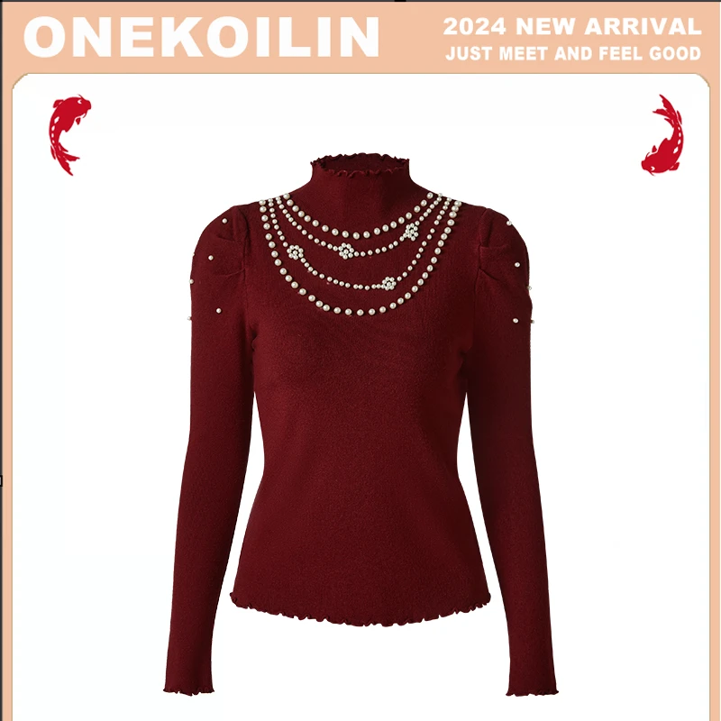 OneKoilin 设计感高领珍珠链针织打底衫 ZZLDD