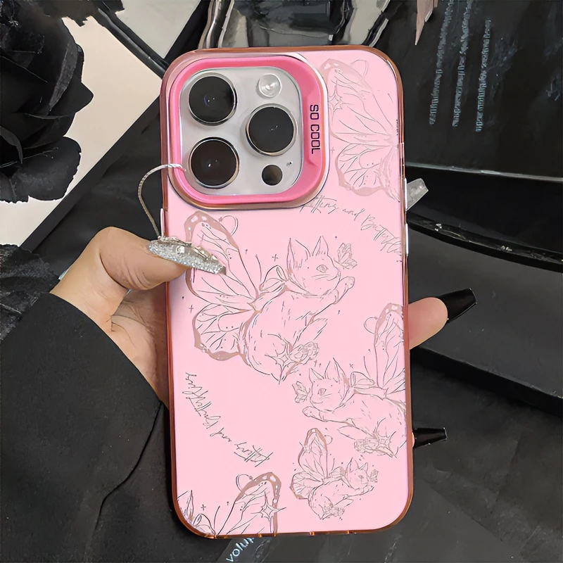 粉色蝴蝶猫适用苹果iPhone15promax手机壳14/13/12元气壳11高级感