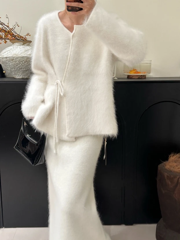 原版正品秋冬新款宽松慵懒风猛犸毛衣外套女针织衫长毛开衫系带款