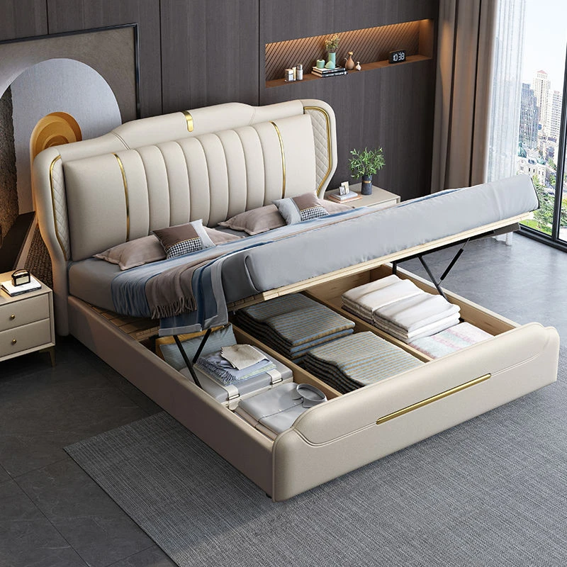 真皮床现代简约新款婚床主卧1.8米双人大床免洗主卧室气压高箱