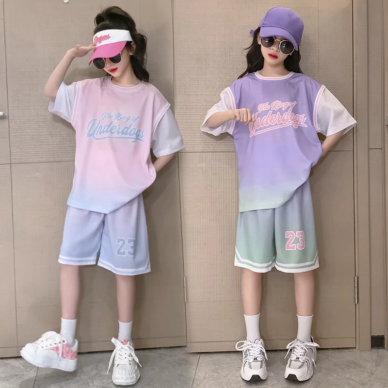 中大童女童网红套装夏季新款儿童洋气酷帅冰丝短裤速干运动篮球服