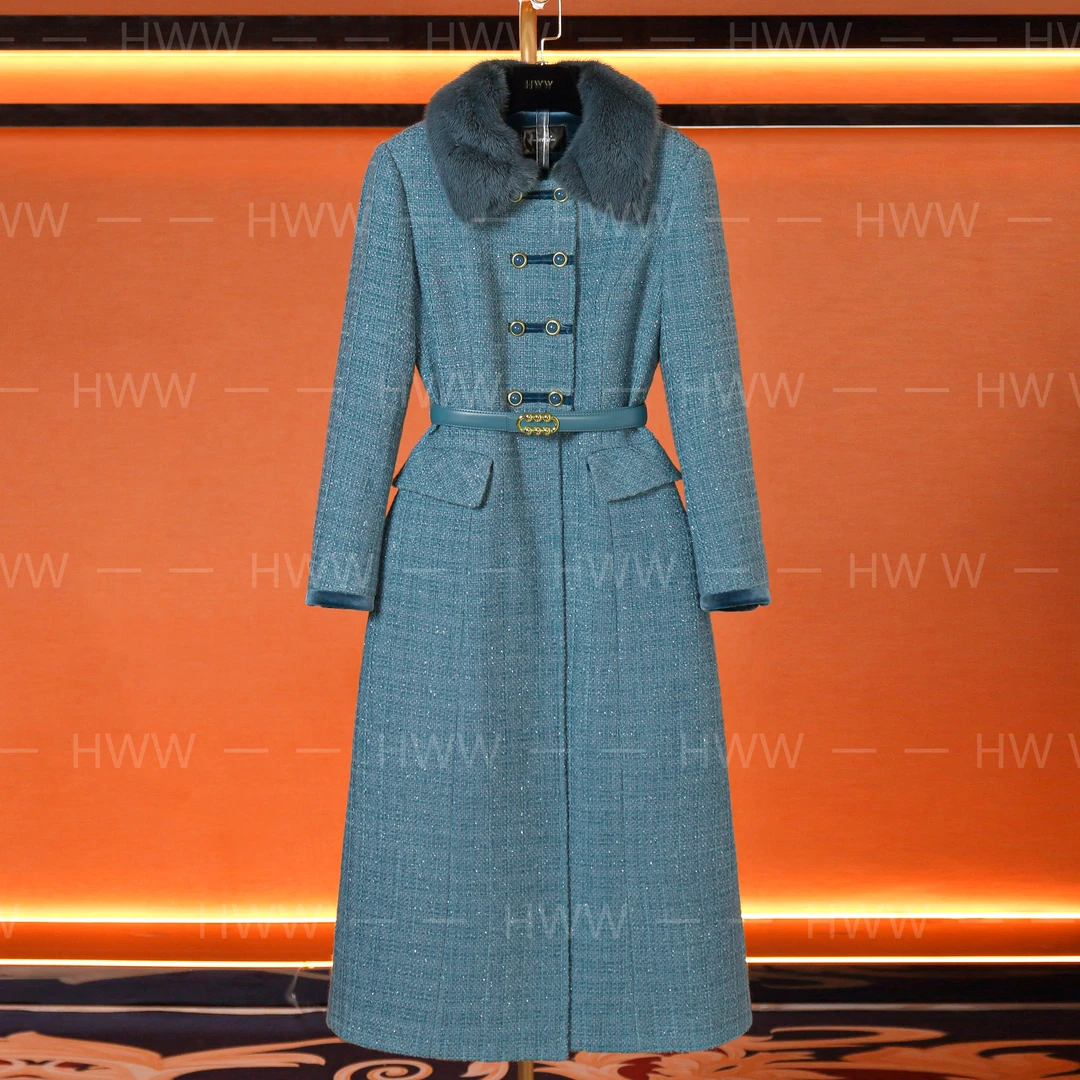 白鹅绒(袖子有绒)潮流时尚法式收腰长款羽绒服DHZZR407050