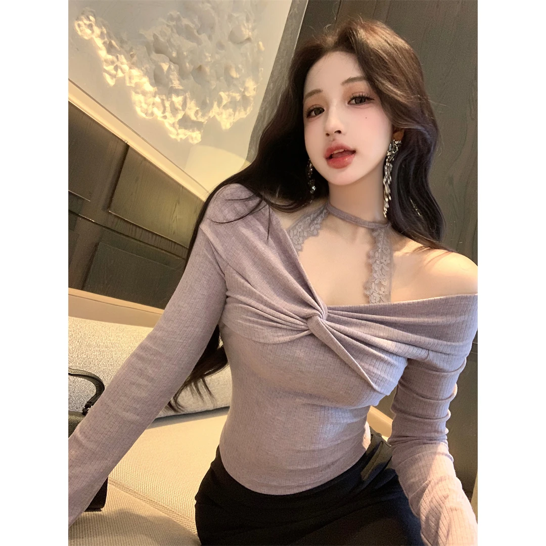 显瘦长袖辣妹短款性感小众纯欲蕾丝挂脖露肩气质百搭针织衫上衣