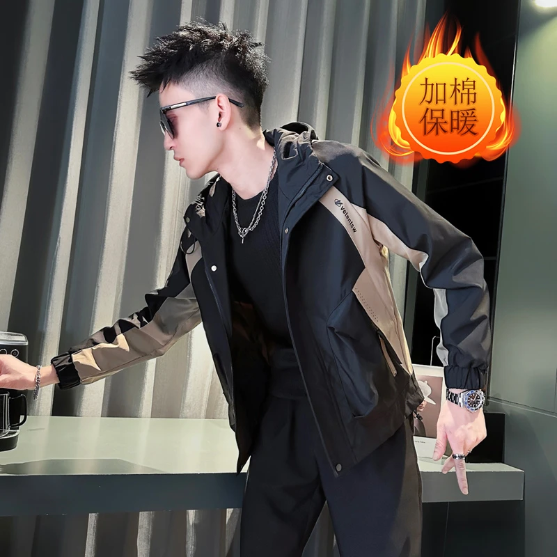 连帽夹克男加棉加厚冬季新款2024潮牌时尚冲锋衣拼接帅气棉衣外套