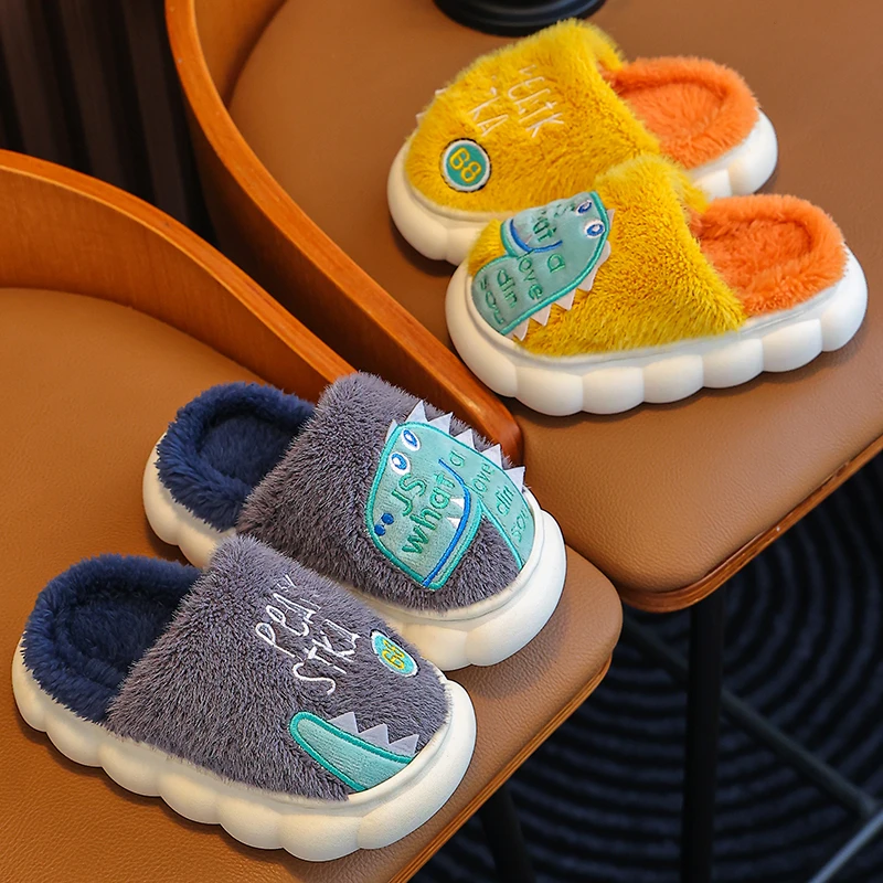 儿童棉拖鞋秋冬新款卡通恐龙防滑保暖男女童宝宝毛拖小中大童毛鞋