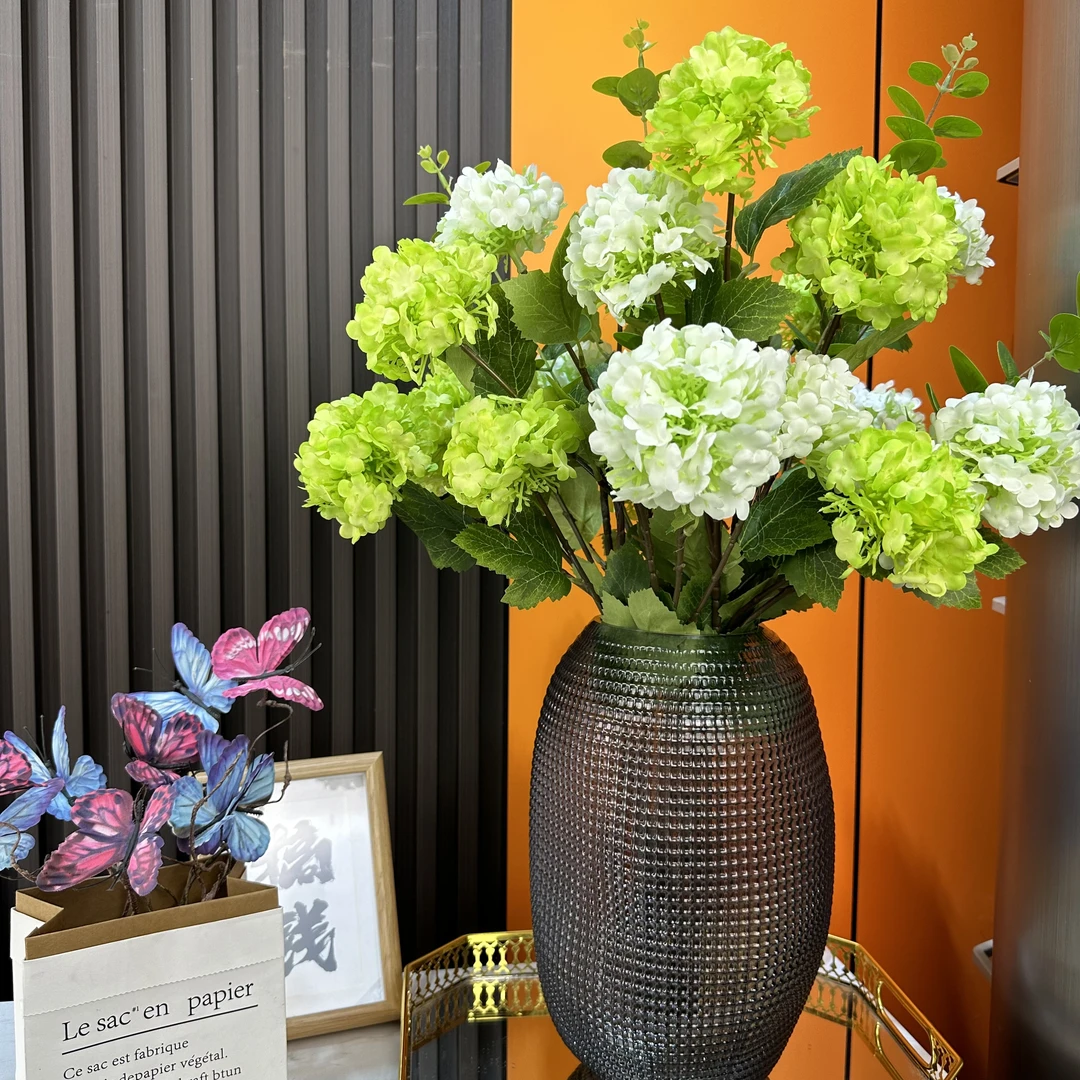 高端三头木绣球仿真假花玄关电视柜装饰绢花家居软装摆放花落地花