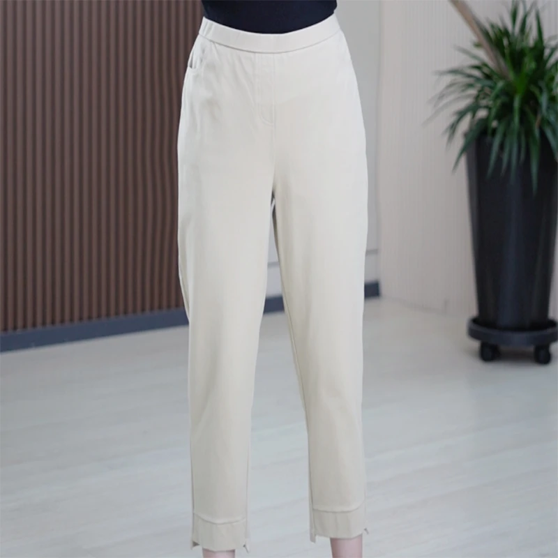 人棉直筒小脚裤女百搭大码显瘦秋季休闲弹力时尚九分舒适简约裤