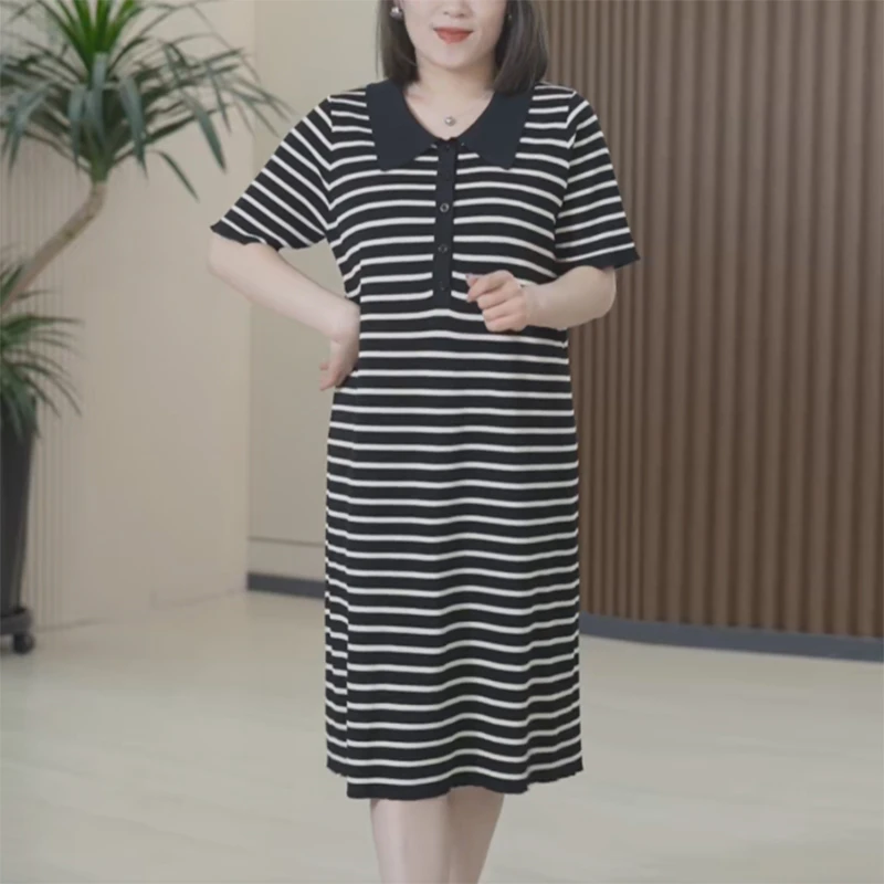 丝棉麻条纹拼POLO裙大码显瘦弹针织休闲百搭中长减龄甜美连衣裙