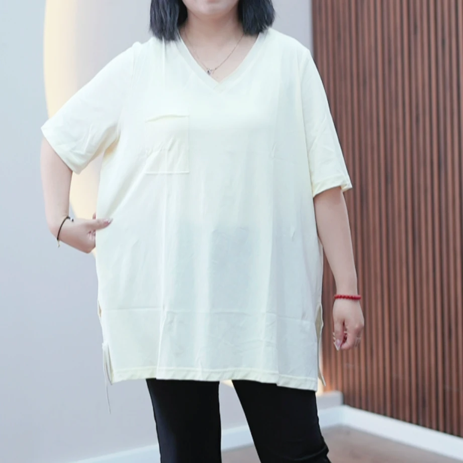 棉氨纶弹力卷边V领T恤MS36086大码上衣女