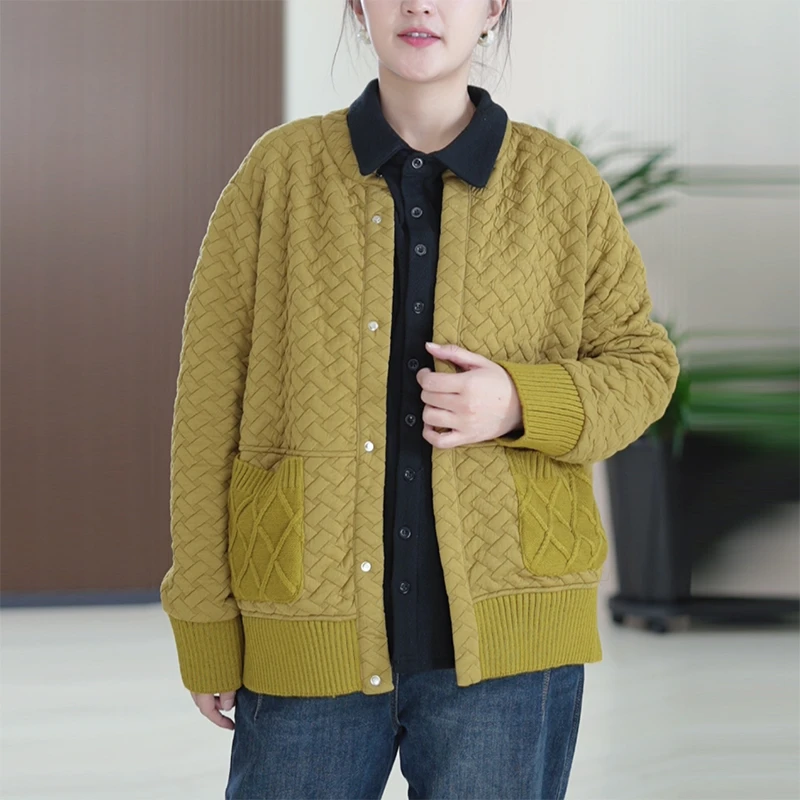 时尚编织短款外套圆领百搭针织拼接显瘦大码休闲韩版时髦夹克女潮