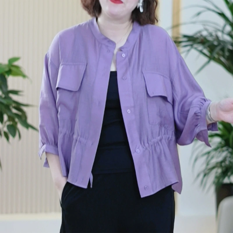 亚纱醋酸短款防晒珠光气质收腰冰爽七分袖韩版大码衬衫外套女潮