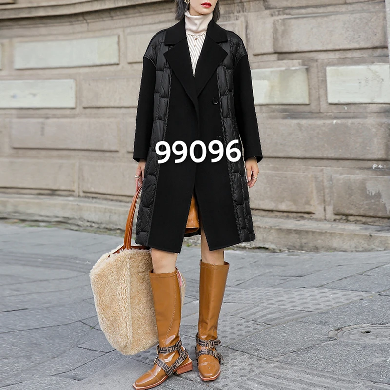 双面羊绒拼羽绒服女西装领显瘦时尚保暖潮中长款毛呢大衣气质外套