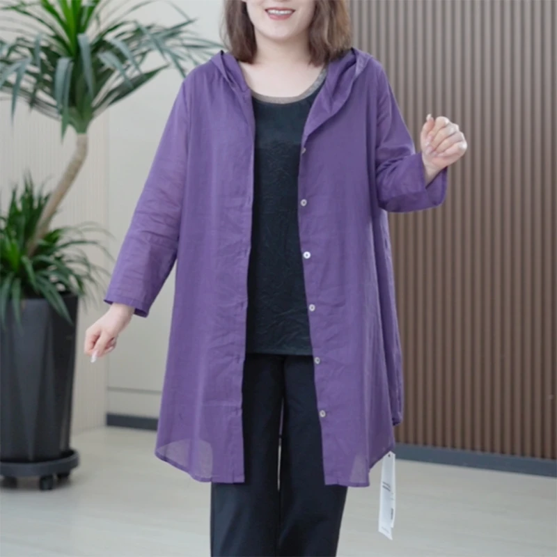 薄透苎麻衫纯色连帽防晒长袖简约宽松大码显瘦中长款开衫外套女