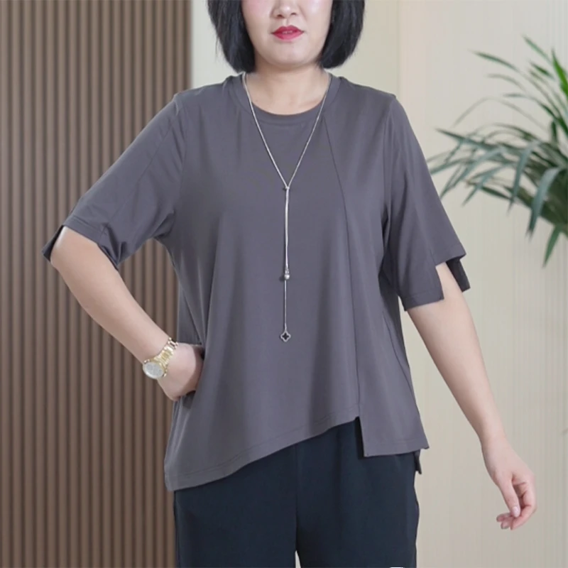 清凉蒜皮T恤木纤维凹凸短袖不规则阶梯衣摆大码显瘦打底衫上衣女