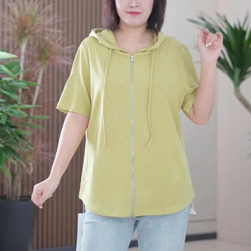 棉质短袖T恤上衣女双头拉链高弹力连帽宽松大码百搭打底衫潮