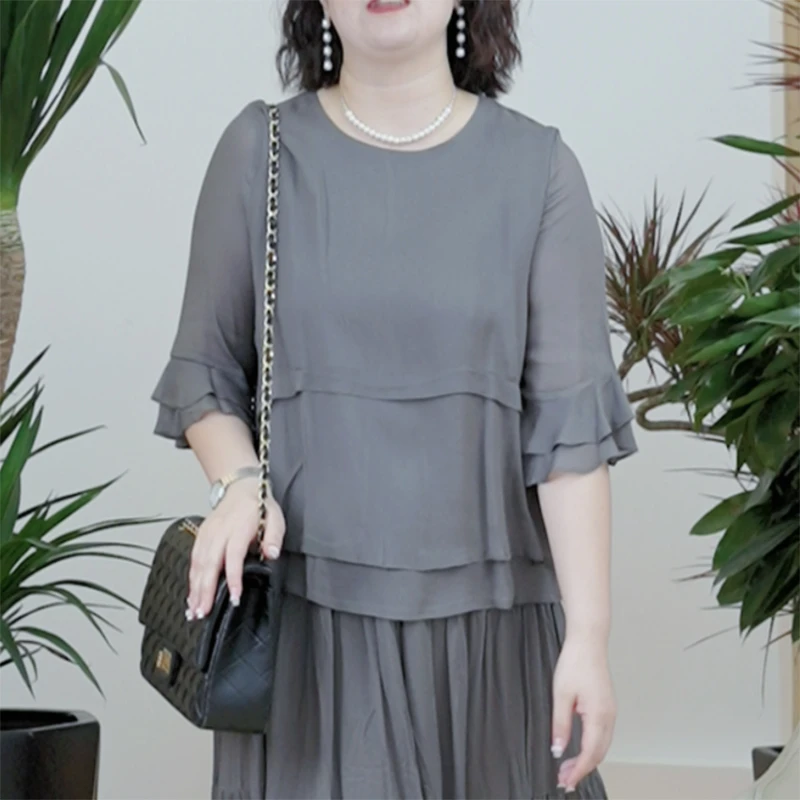 高级感双层T恤高级七分荷叶袖气质双绉丝大码显瘦知性飘逸上衣女