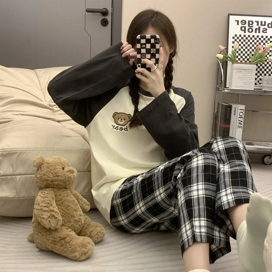 睡衣女长袖圆领春秋网红ins风新款时尚大码休闲女士家居服套装