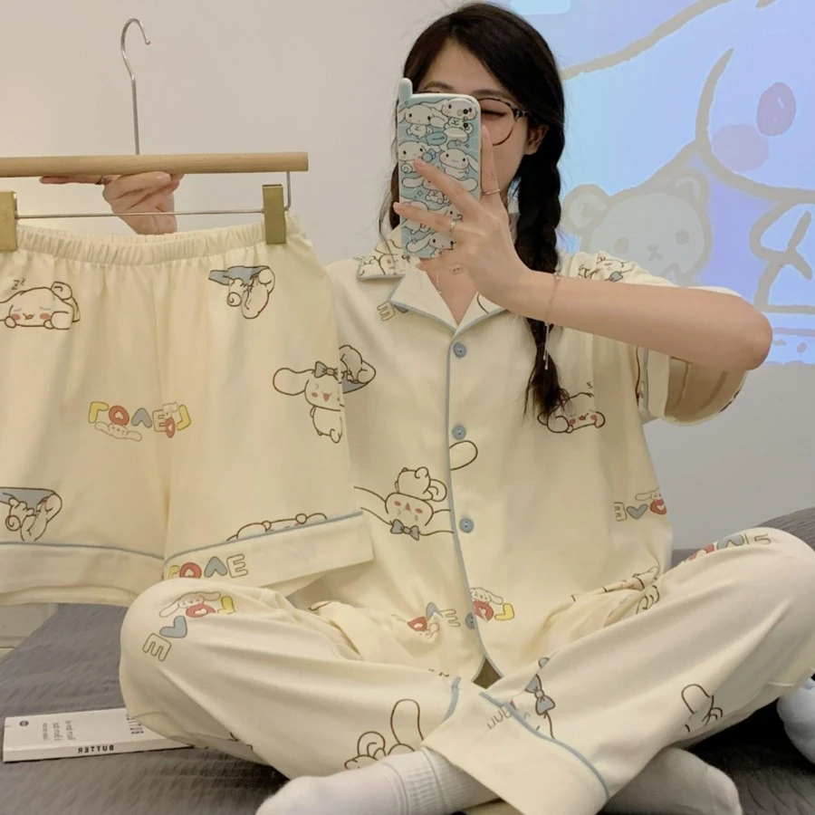 2023新夏季短袖长裤三件套可爱卡通睡衣女学生ins风可外出家居服