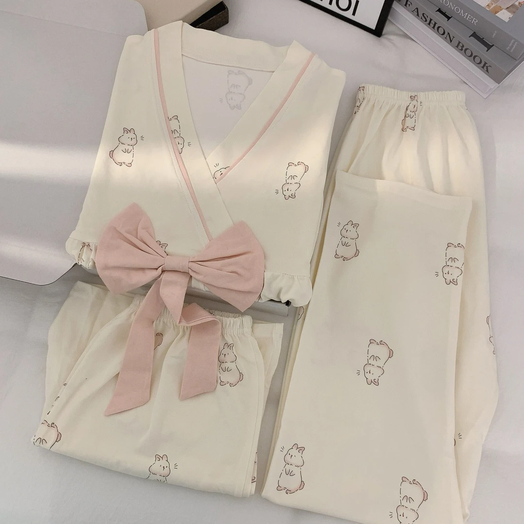 夏季短袖长裤三件套睡衣女卡通韩系甜美少女蝴蝶结春夏家居服套装