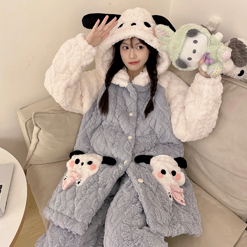 【冬季夹棉宠粉】睡衣珊瑚绒长袖连帽三层夹棉冬季女士法兰绒家居服