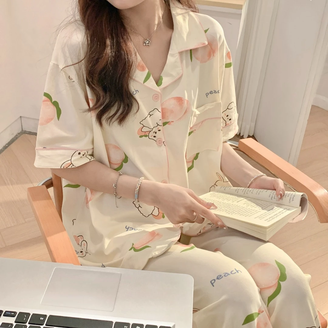 【粉丝団今天拍1发3】短袖长裤三件套睡衣女夏卡通甜美翻领家居服