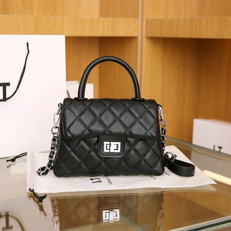 2024新款百搭轻奢气质斜跨包菱格小香风手提包黑S688