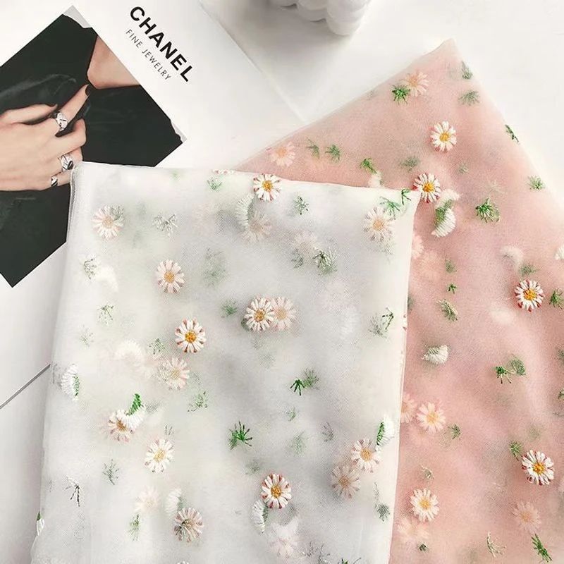 小雏菊网纱刺绣布料绣花蕾丝布DIY窗帘连衣裙童装服装娃衣面料