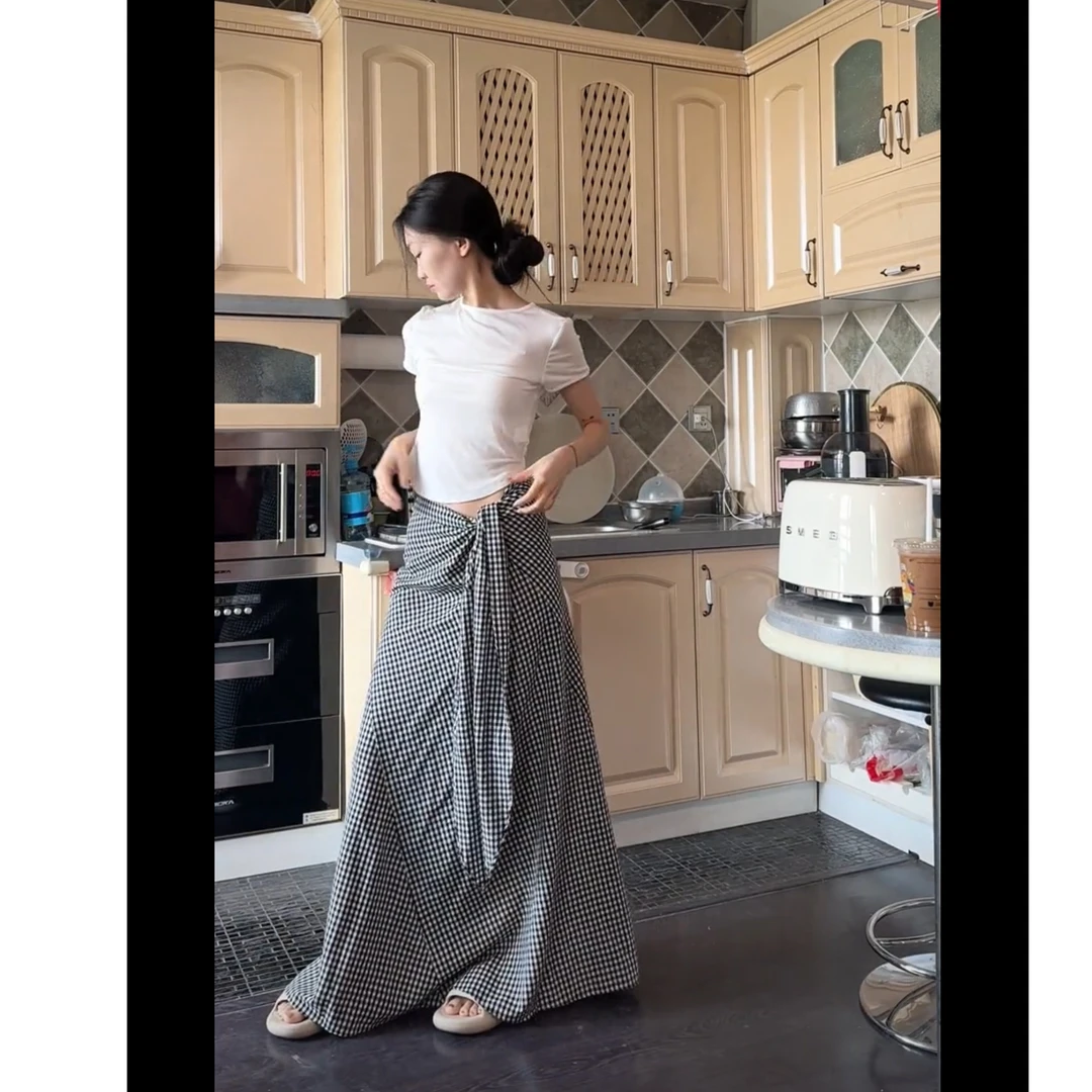 度假一片式系带鱼尾半身裙女夏显瘦黑白格子长款包臀裙子裹裙