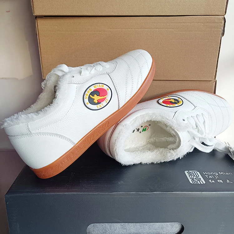 红棉太极鞋真皮冬季加绒软牛皮牛筋底女武术鞋男太极拳练功运动鞋