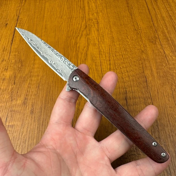 红酸枝木折叠锻造大马士革多功能口袋露营吃肉水果刀